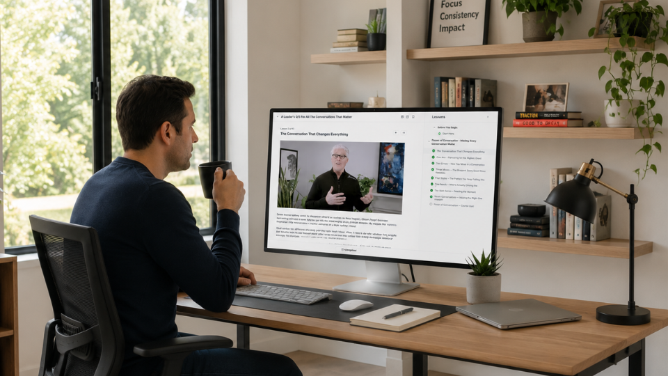 Man watching online leadership development course on a screen in his office.