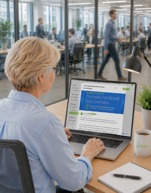 Woman on a laptop reading content on the new Juice online community for leaders